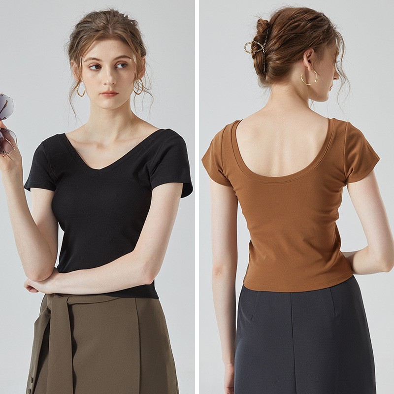 A no-bra V-neck short-sleeved T-shirt for women, made of pure cotton with a chest pad and cup, one-piece, petite, beautiful back and slimming top for summer Specification image