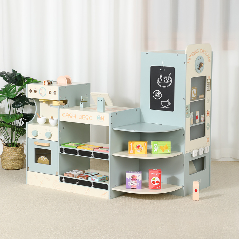 The kindergarten living area is decorated with children's simulation supermarket vending table play every fruit vending machine supermarket scan cashier toy set wooden play every toy corner supermarket combination full figure