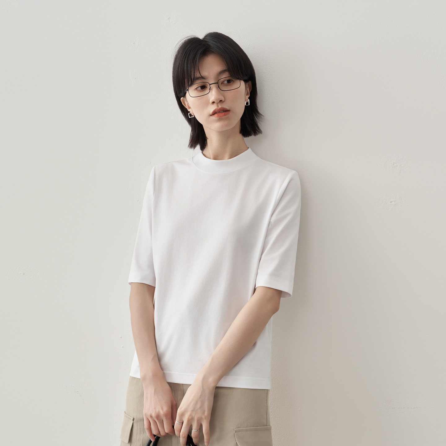 叠穿半高领t恤女五分中袖后缝线设计通勤休闲宽松中领体恤衫上衣