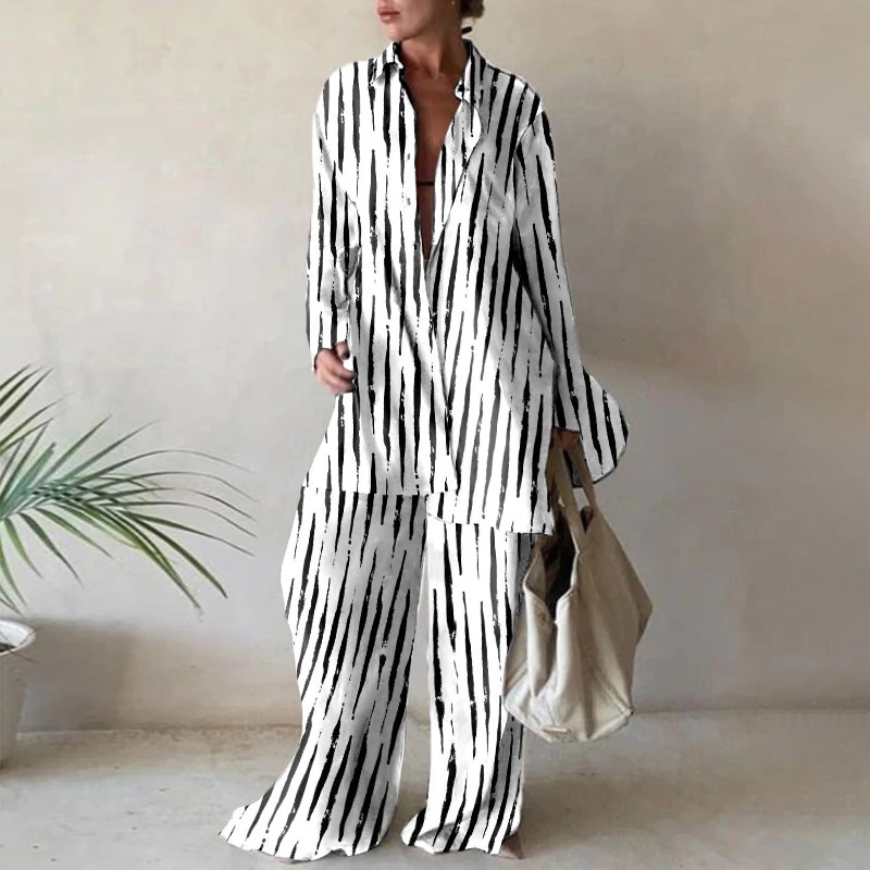 New European and American printed suits, loose long-sleeved V-neck straight-leg pants, dresses, travel, leisure and vacation one-piece shipping details Picture