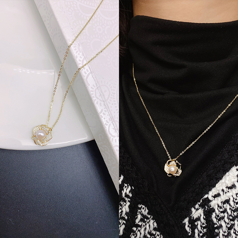 S925 full body silver AKOYA pearl necklace 2022 new tidal camellia earrings collar niche design Specification drawing
