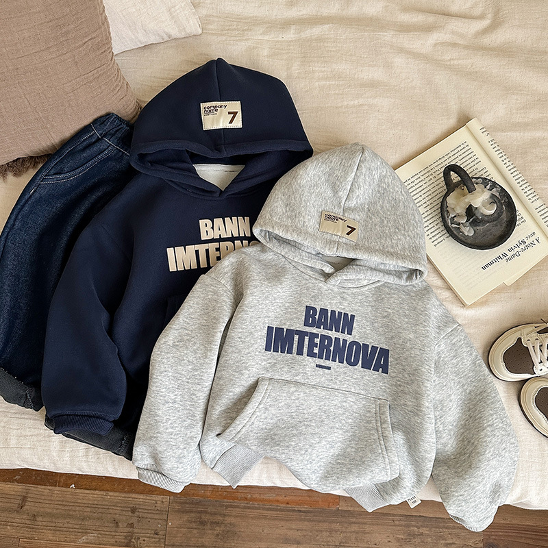 男童立体印花字母加绒卫衣童装2025冬季新款中小童韩版连帽上衣潮