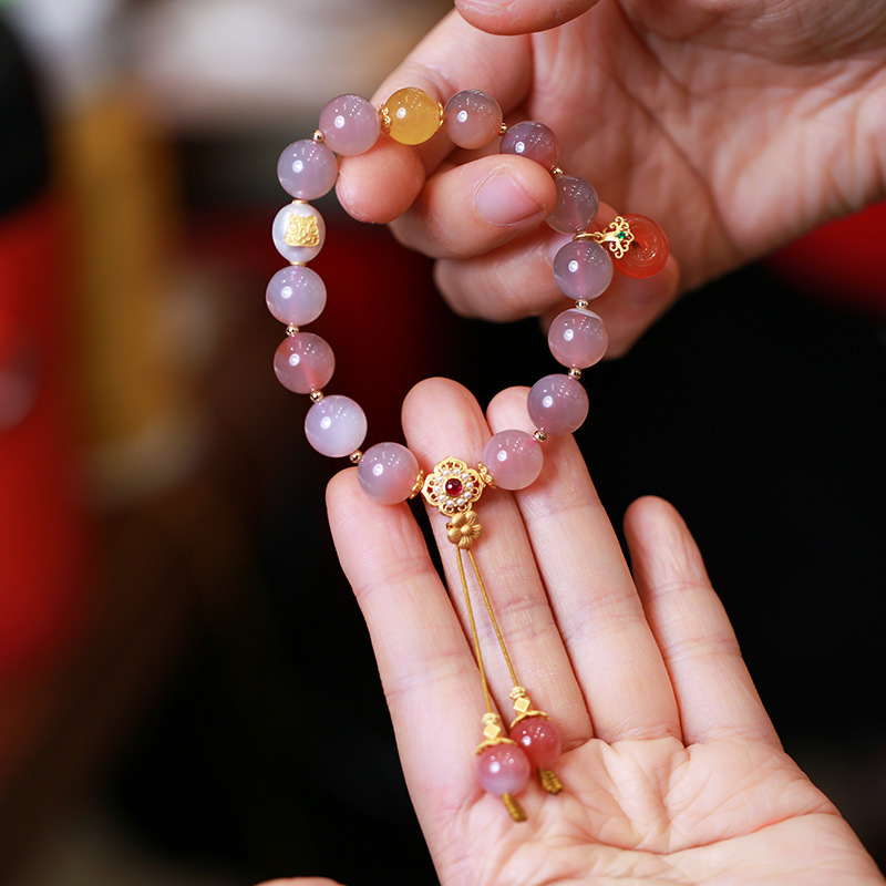 S925 Silver Natural Salt Source agate Bauhinia flower bracelet, Pearl Salt Source Wish Ring, Peace Buckle DIY jewelry, Chinese style details Picture