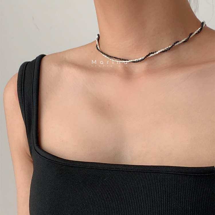Small silver black spinel wrapped double necklace s925 sterling silver clavicle chain advanced design sense
