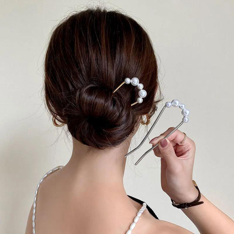 U-shaped lazy person hairpin, simple and modern women's updo hairpin, bun hairpin, pearl metal hairpin and hairpin accessories Specification image