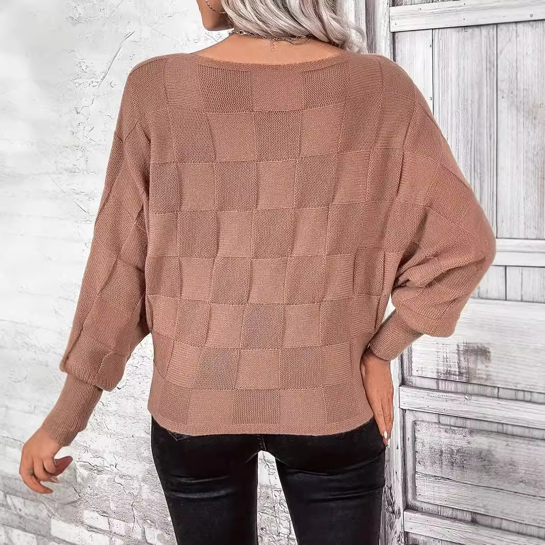 A versatile round-neck pullover knitted long-sleeved, simple solid color checkered off-the-shoulder sweater from Europe and America Specification image