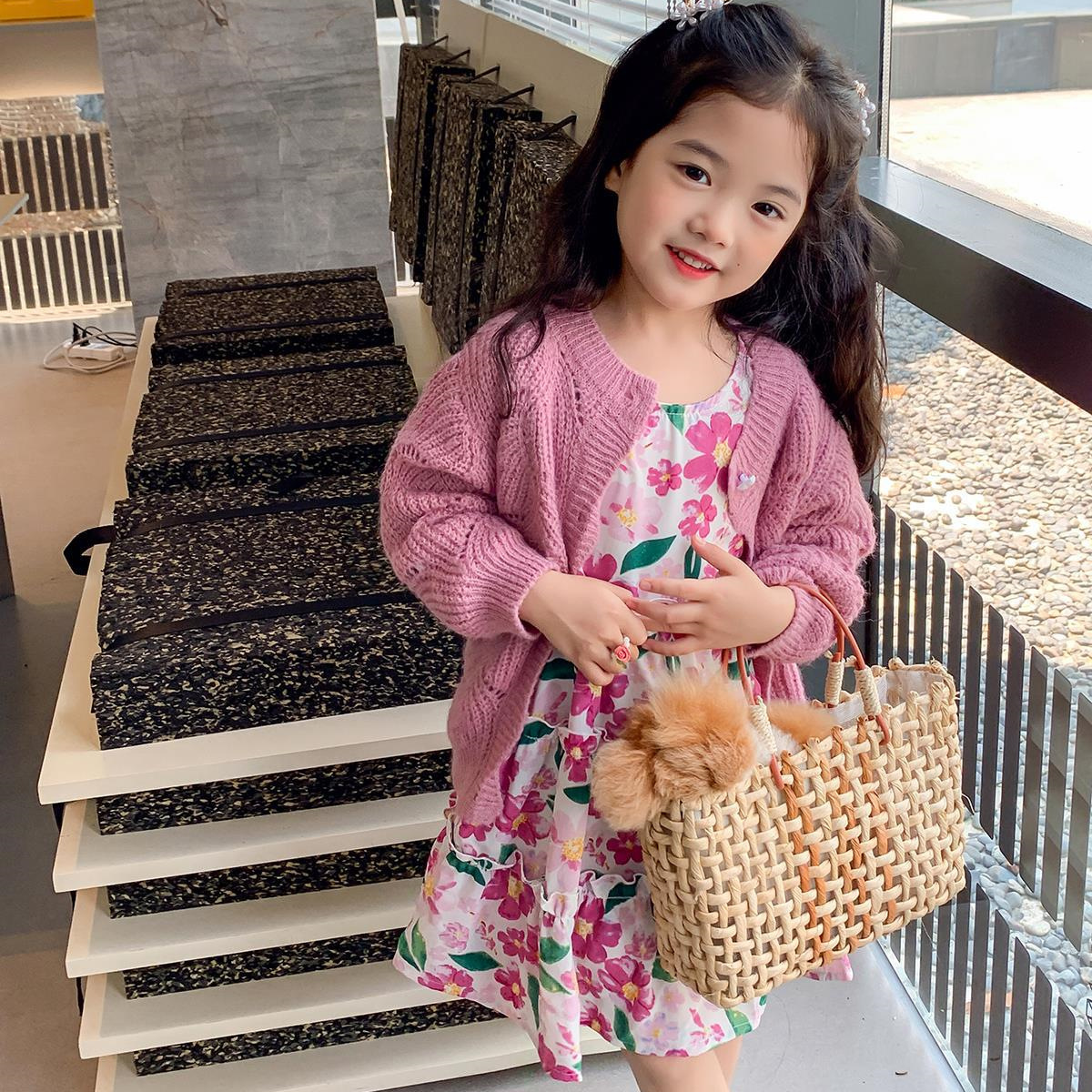 图图小象女童秋季童装儿童韩版碎花连衣裙洋气针织开衫宝宝套装