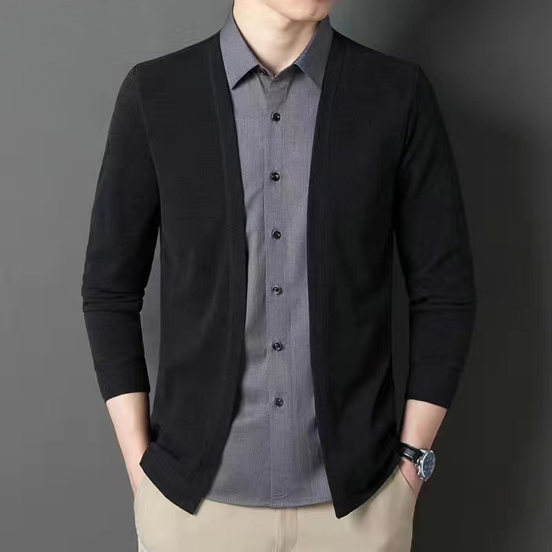 Autumn new men's fake two-piece shirts, sweaters, cardigans, casual business knitted sweaters, sweaters, coats, men's clothing wholesale
