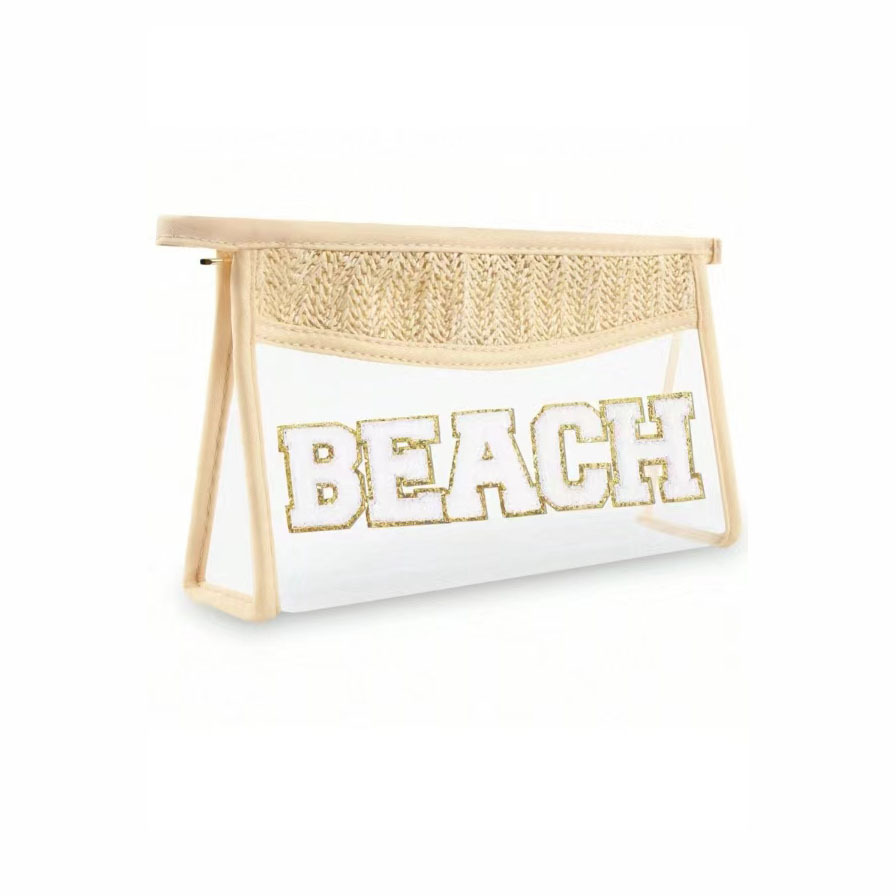New cross-border pvc straw weaving spliced Chenier letter transparent cosmetic bag, large-capacity waterproof portable storage bag