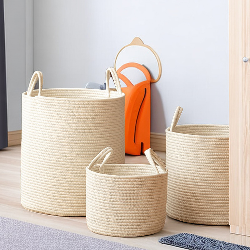 Storage basket, hand-held laundry basket, Nordic-style cotton rope woven toy storage bucket, handle basket, desktop storage basket
