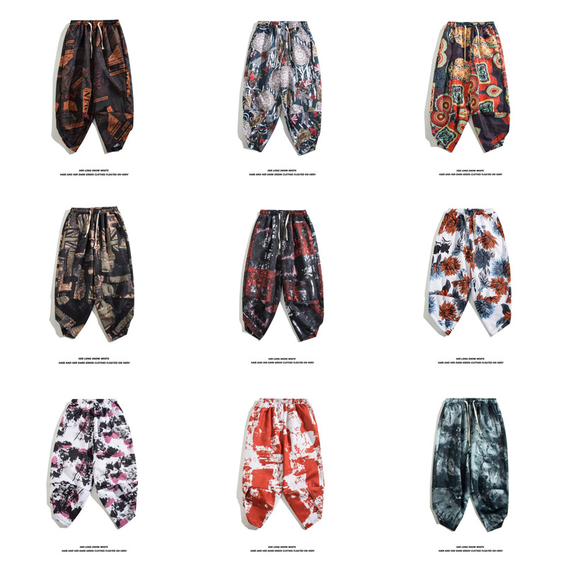 跨境阔腿裤男七分裤宽松沙滩休闲裤中国风短裤印花哈伦裤亚马逊