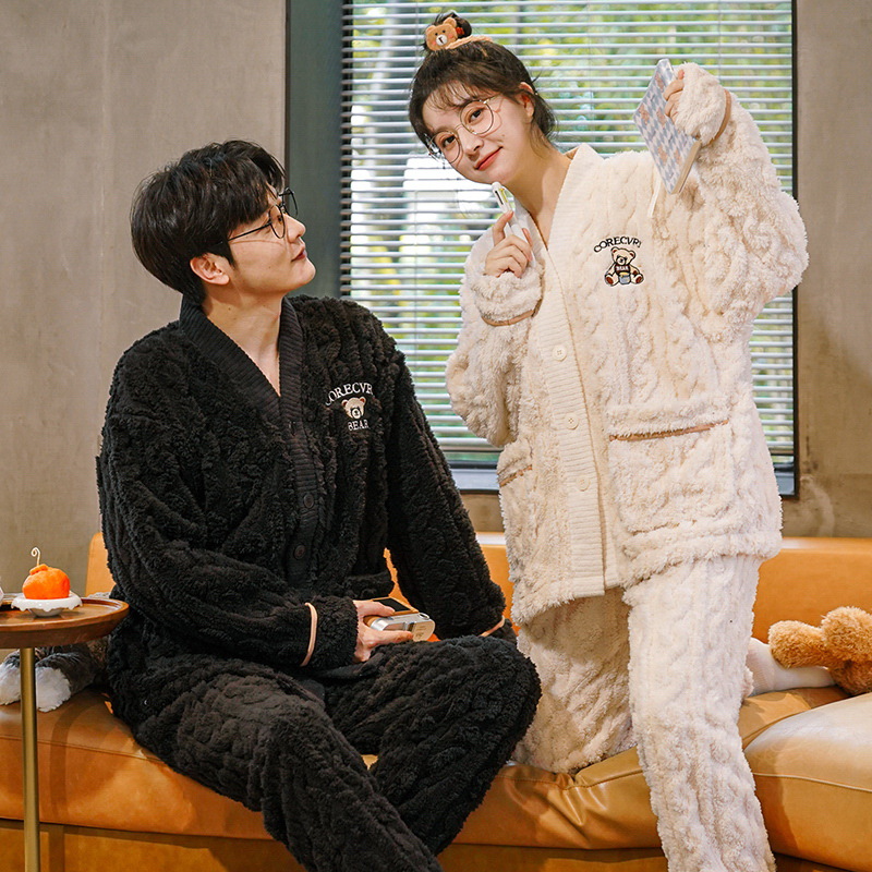 2022 New Autumn And Winter Coral Velvet Couple Pajamas Women Plus Cashmere Cardigan Men's Winter Flannel Home Wear details Picture