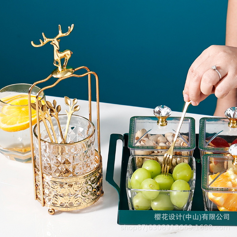 Nordic Light Luxury Stainless Steel Fruit Fork Set Home Instagram Red Cake Fork Creative Storage Jar Fruit Tag details Picture