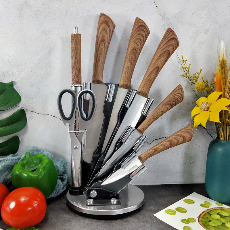 Factory New Rotating Seat Covered Horseshoe Handle 8-Piece Kitchen Knife Tool Set Chef's Knife Multipurpose Knife Peel Knife details Picture