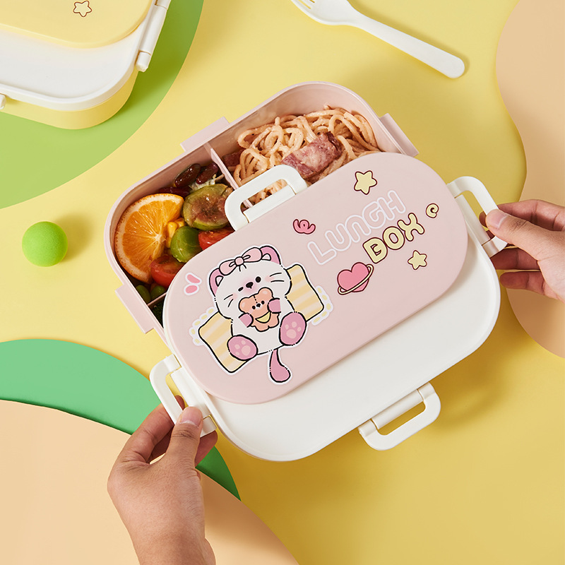 Rectangular cartoon compartments bento box, microwave creative portable food-grade children's lunch box (with spoon and fork) details Picture