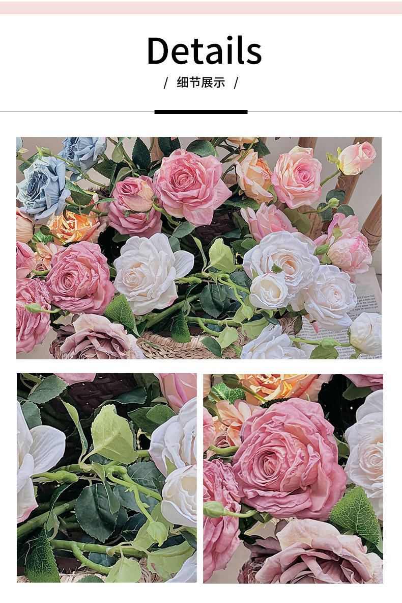 Retro charred edge 3-head rose oil painting style simulated flowers, dried flowers, hand-held bouquets, flower arrangements, artificial flower decorations, photo props pic 5
