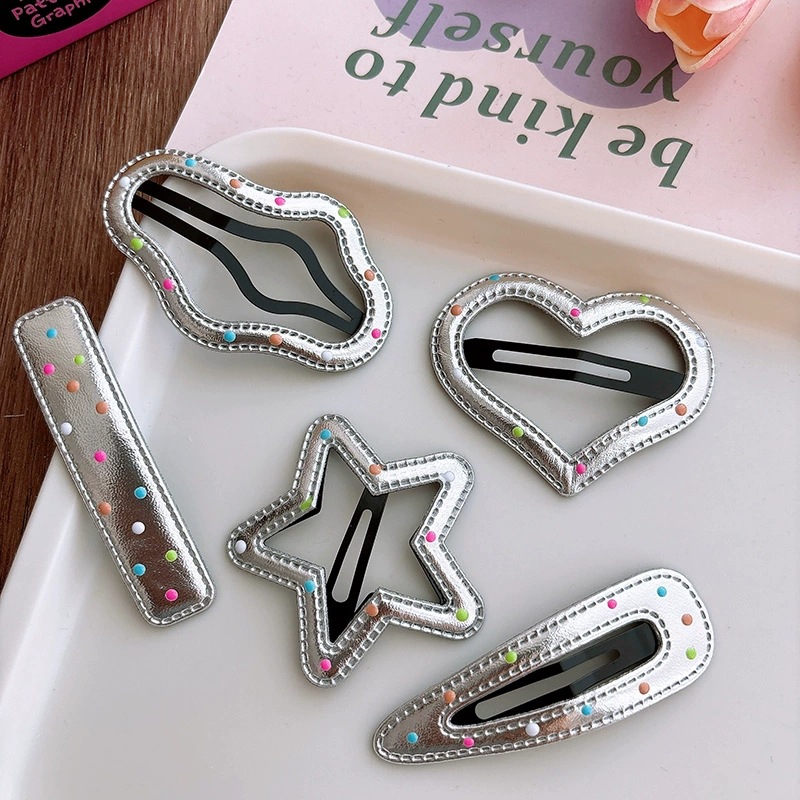 Girl's colorful polka dot silver leather hair clips, star water drop cloud BB clips, student side clips, bangs clips, hair clips