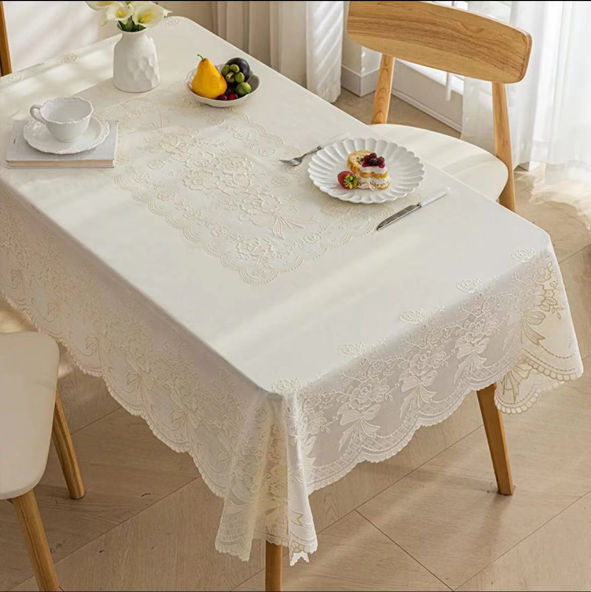 Jucheng Home Furnishing E-commerce specializes in wholesale of pearlescent lace tablecloths, providing waterproof, heat-resistant, oil-resistant, anti-slip and wear-resistant PVC printed tablecloths through live-streaming e-commerce Specification image