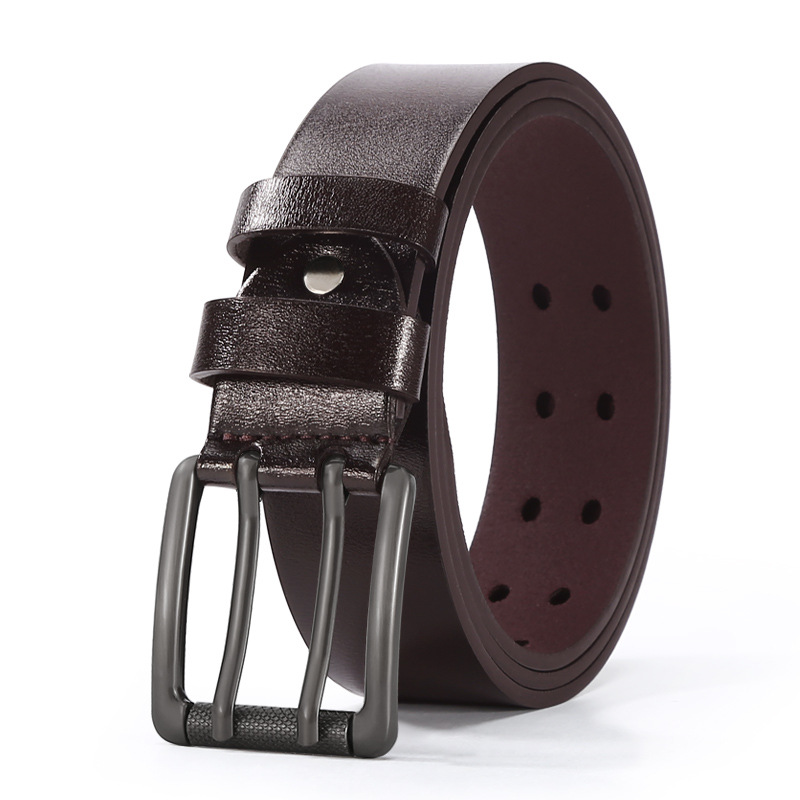 Cross-border best-selling men's double-row pin buckle belt, cowhide belt, retro casual belt manufacturer, wholesale and direct sales in stock Item Picture