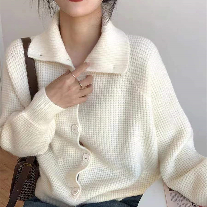 Soft and niche waffle single-breasted knitted cardigan for women 2022 autumn and winter new lapel long-sleeved sweater coat for women Application Scenario