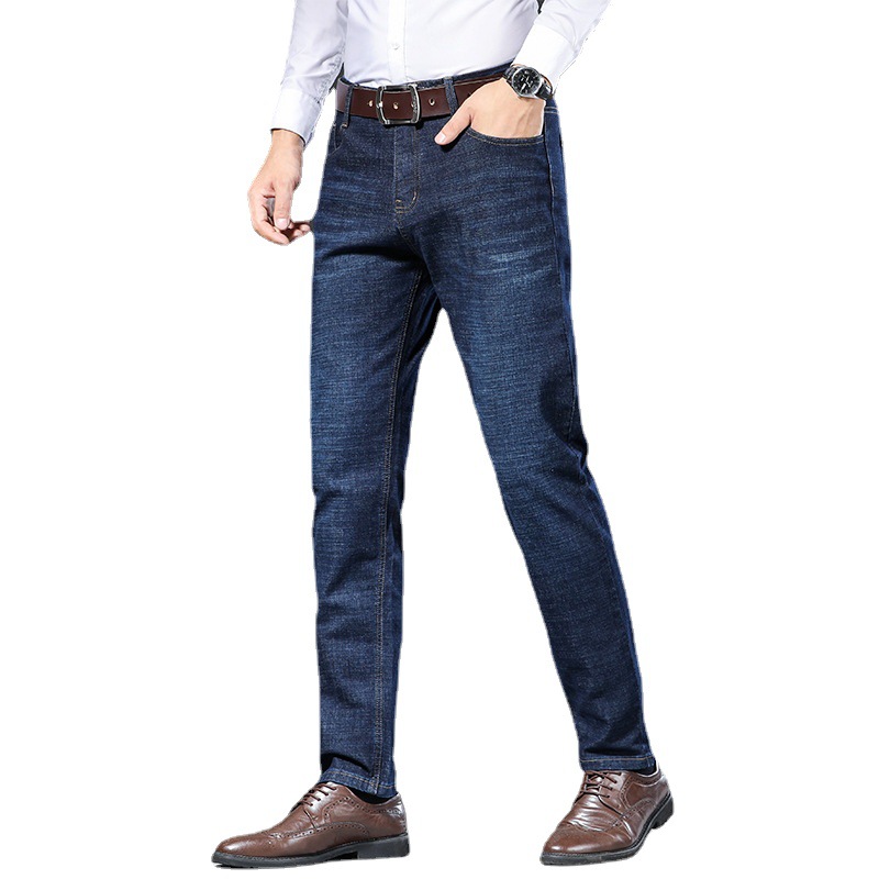 Fleece Jeans Men Winter Men's Pants Mid-Waist Non-Ironing Casual Pants Warm Thick Stretch Straight Pants Men Item Picture