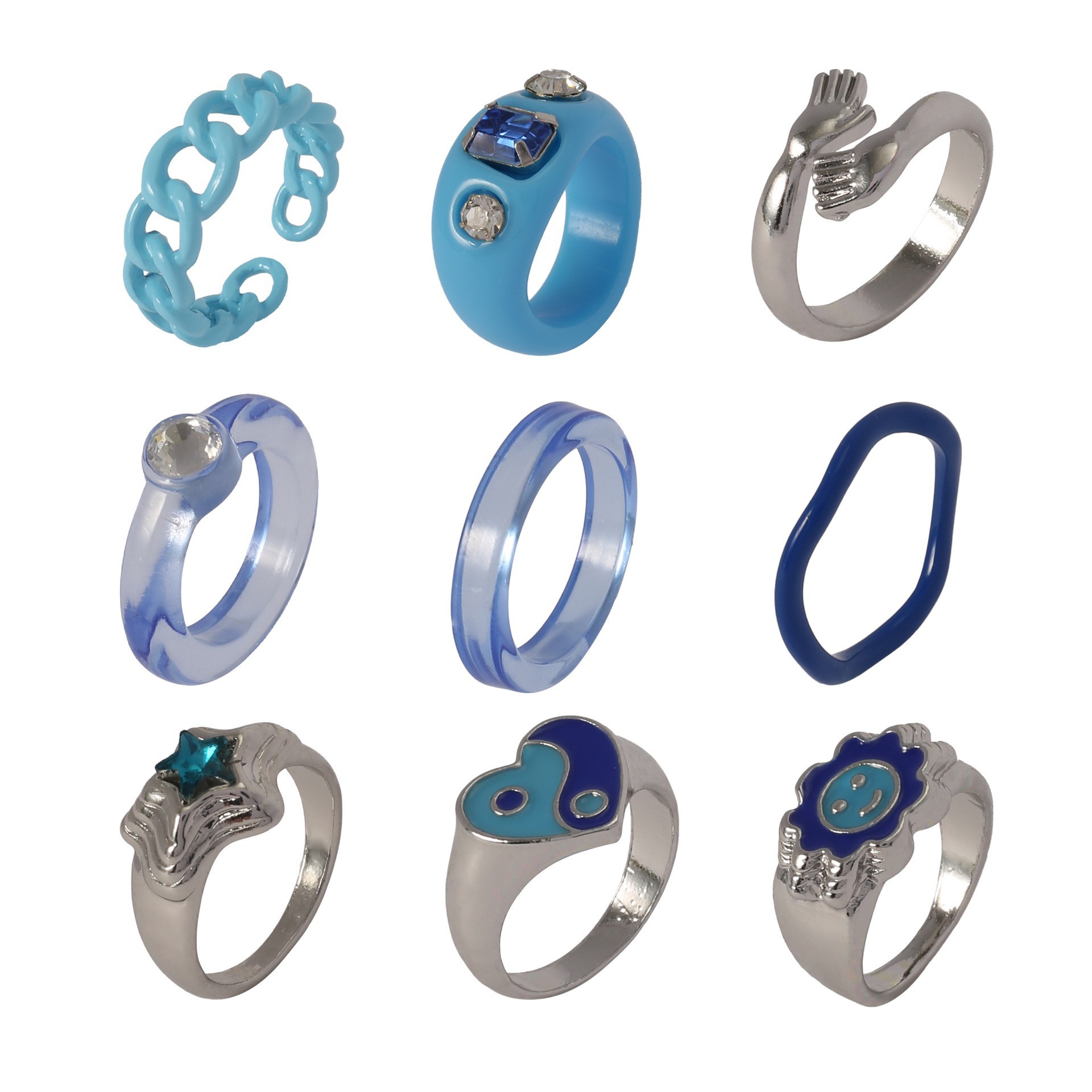 Oil-dripping metal opening adjustable ring, resin stacked ring, women's non-fading, design sense, rare nine-piece set details Picture