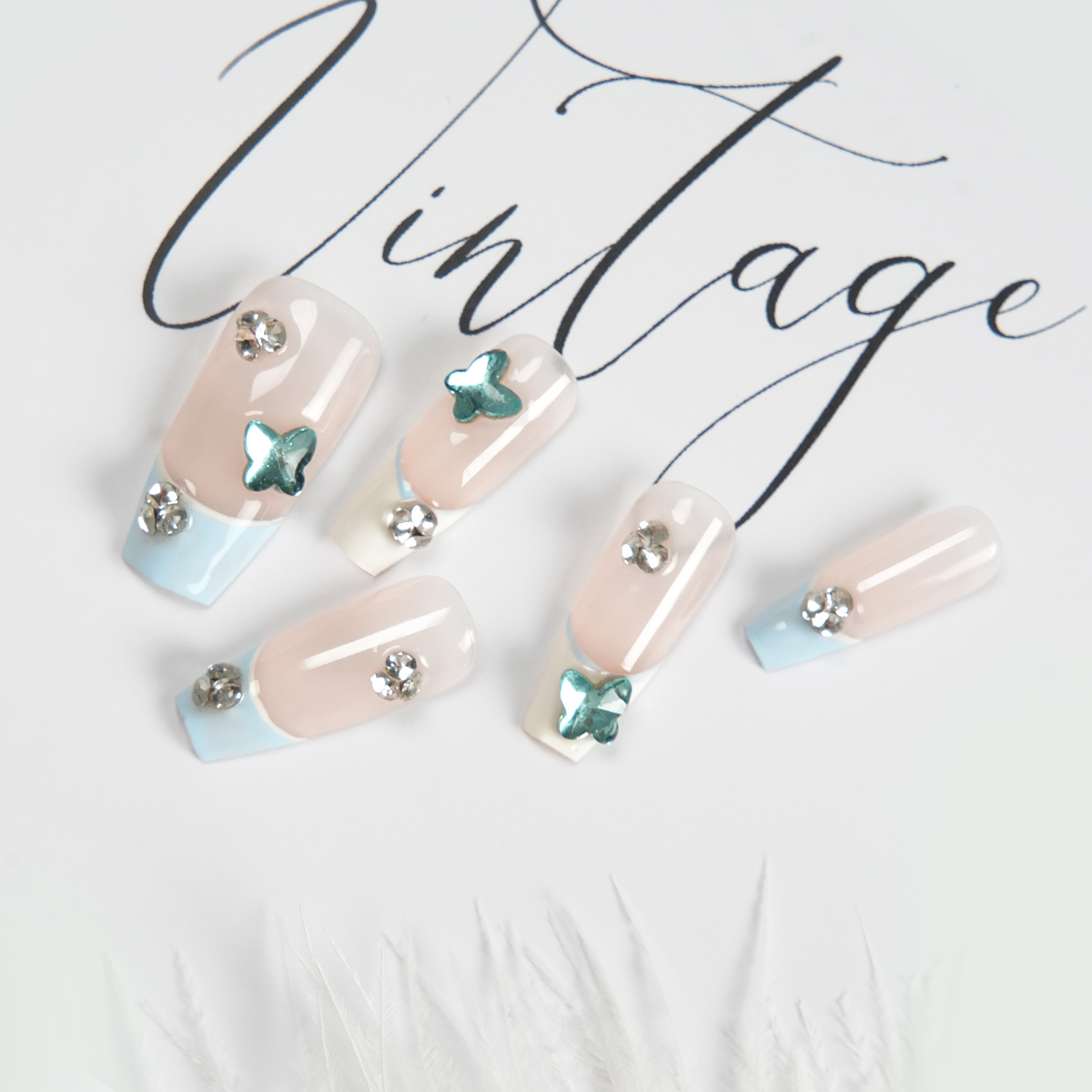 New Hand Nail Pure Hand Wear Nail Long Trapezoidal French Simple Nail Art Butterfly Green Plastic Box Packaging Specification drawing