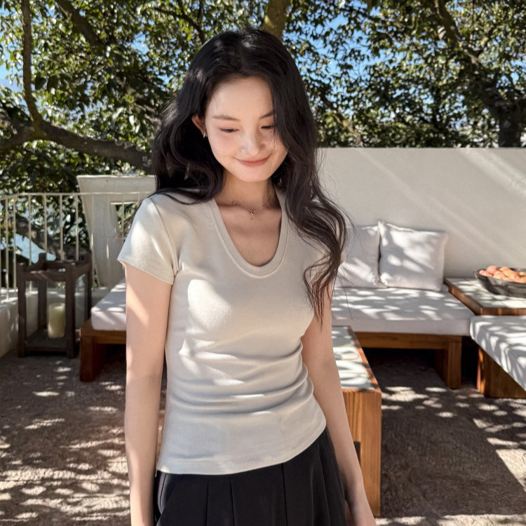 U-neck high elastic shoulder slimming T-shirt DIGM Spring/Summer Bestseller Minimalist slimming base layer short-sleeved T-shirt for women 60382 Specification image
