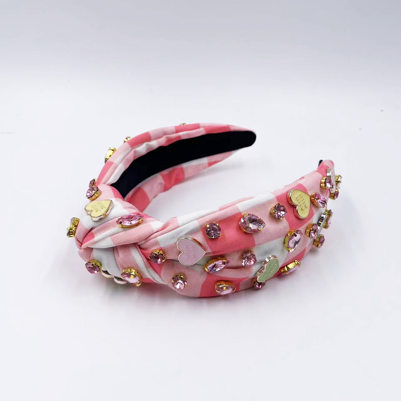 Exclusive Qiwei Accessories, Exclusive Qiwei Accessories, Exclusive original new Valentine's Day diamond-encrusted heart-shaped accessories, checkered fabric, fashionable knot, high head, sweet headband, hair band Specification image