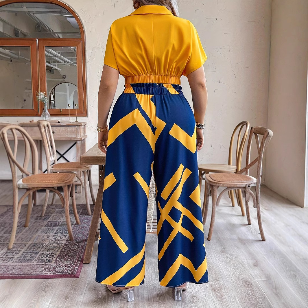 Two-piece V-neck short-sleeved top and printed long pants set for women on Amazon independent station of cross-border plus-size women's clothing from Europe and America details Picture