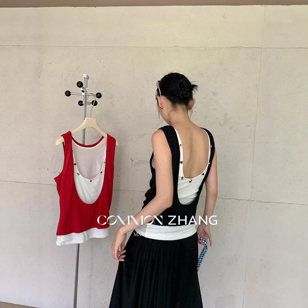 CZ ZHANG's summer Korean-style laid-back casual long-staple cotton backless layering versatile vest B23152 Specification image