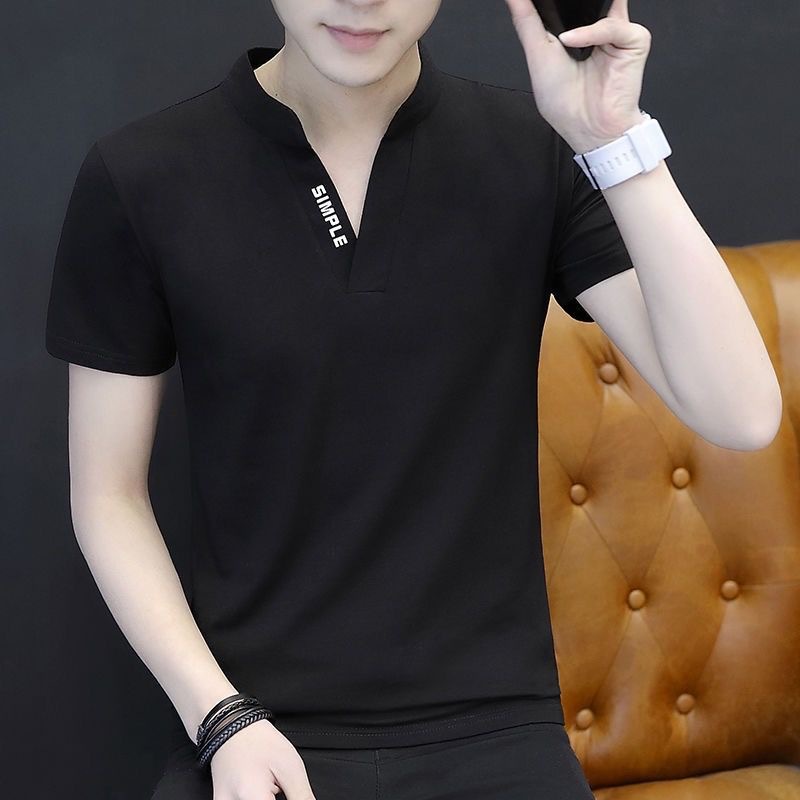 Summer men's V-neck short-sleeved T-shirt, ice-feel elastic base layer, solid color, simple and slim European and American style, small stand-up collar, versatile T-shirt details Picture