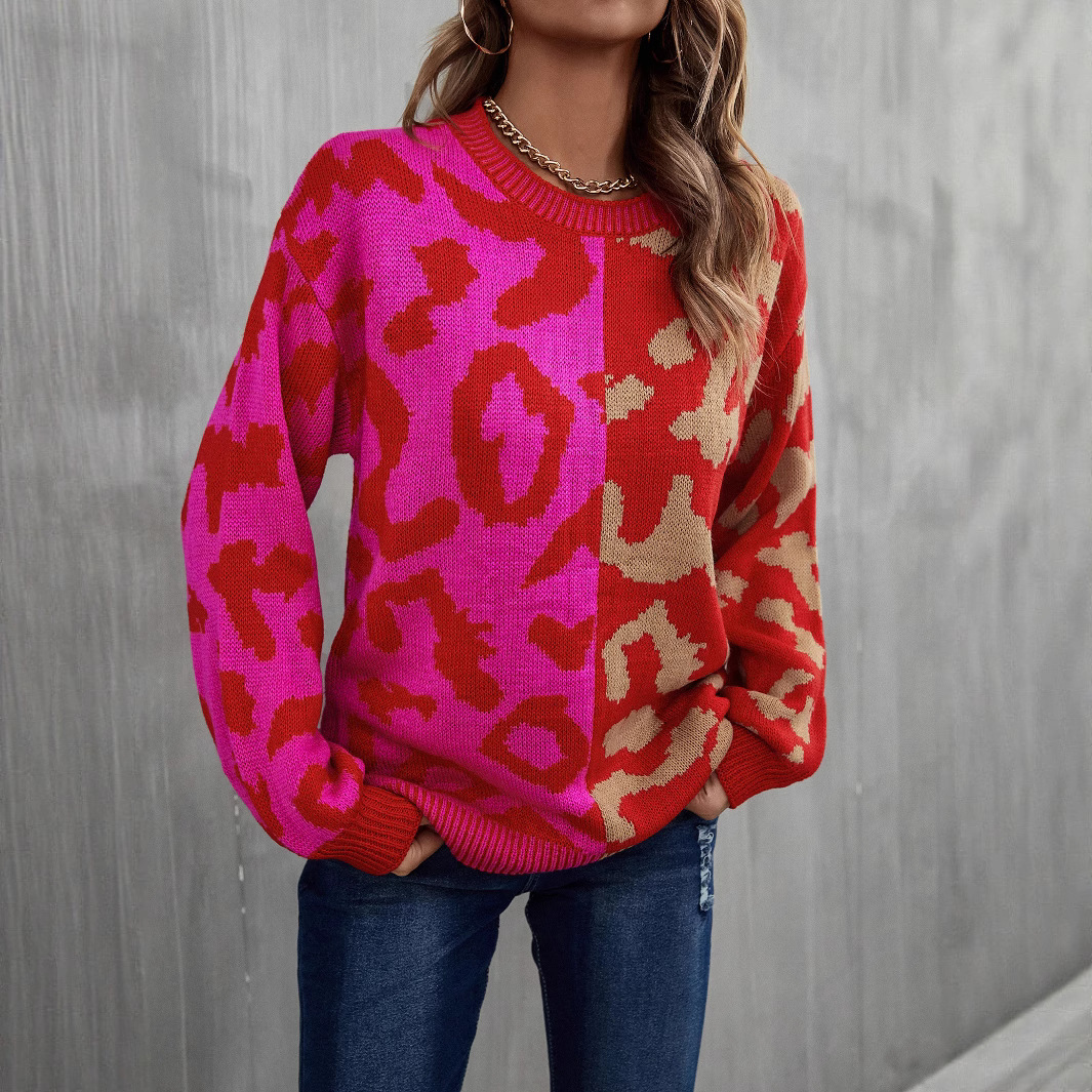 New spring 2025 Amazon sweaters, leopard print patchwork mixed knitted sweaters and pullover sweaters, are bestsellers for European and American exports