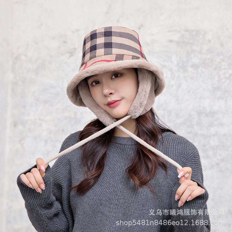 Autumn And Winter New Check Fisherman Hat Women Cycling Windproof Ear Basin Hat Plus Cashmere Thickened Korean Version Of Fashion Cold Basin Hat