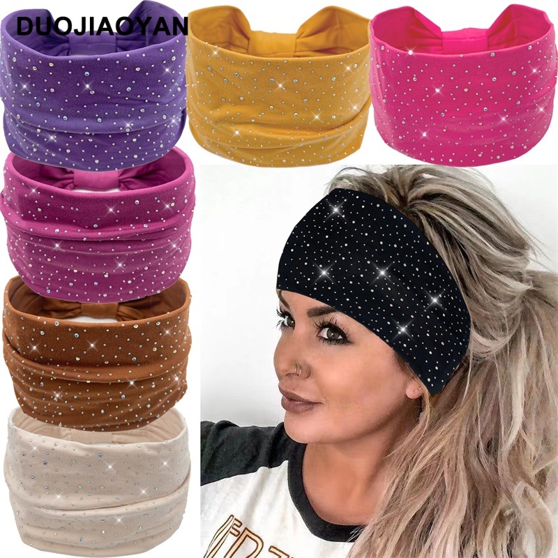Wholesale of the latest solid-color water diamond hair band with knotted edges, elastic tie hair band and yoga sports hair tie accessories full figure