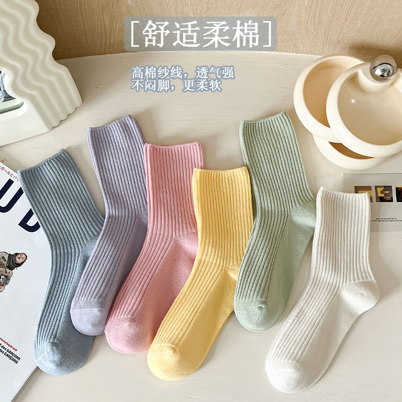 Sock street stall, one-piece consignment, mid-calf socks, autumn and winter women's socks, candy-colored sweet women's loose pile socks, thin double-needle solid color cotton socks, one-piece consignment Application Scenario