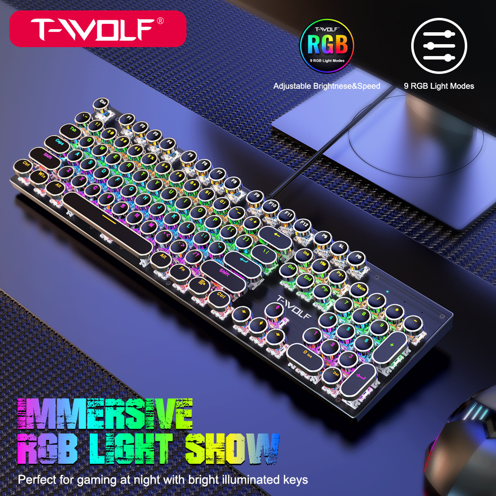 T-WOLF Thunder Wolf T75 Real mechanical keyboard wired RGB mixed light metal esports game retro punk blue axis details Picture