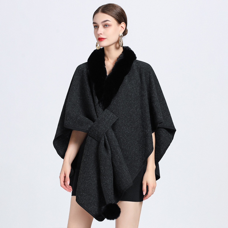 829# Factory Direct Sales New Imitation Rex Rabbit Fur Collar Cape Cape Women Loose Knitted Cardigan Large Size Wool Coat Specification drawing