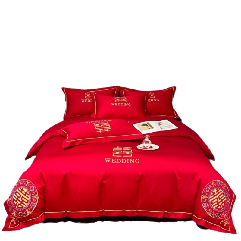 Four-piece wedding set, new wedding embroidered bed, washed and brushed bed sheet and duvet cover, large dowry, Douyin Mall, cross-border Item Picture