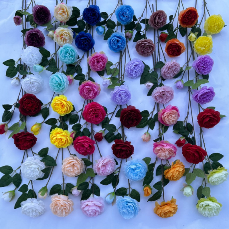 3头洋牡丹玫瑰情人节婚庆婚礼插花装饰商场酒店布置假花外贸批发