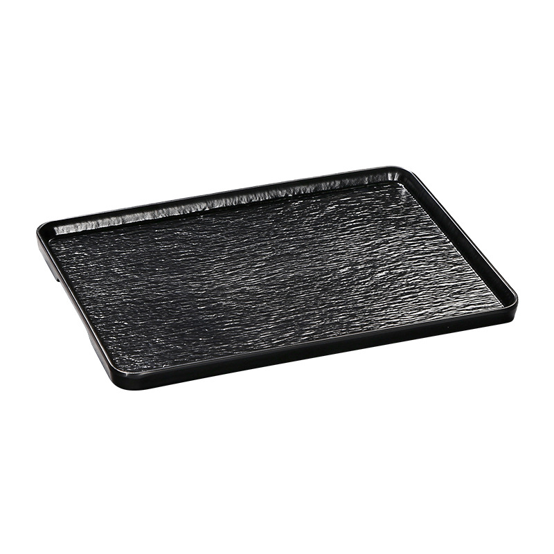 Black stone-patterned anti-slip tray, Japanese sushi platter, commercial imitation porcelain rectangular tray, tea tray, melamine tableware wholesale Application Scenario