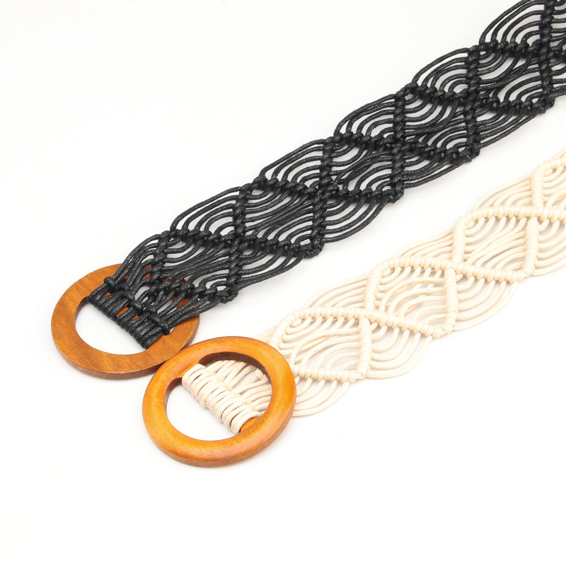 The New National Style Ladies Wax Rope Woven Belt Decorative Skirt Belt Pure Hand Woven Hollow Wood Buckle Belt Application Scenario