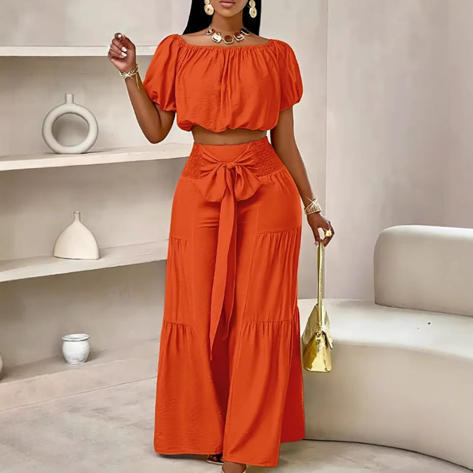 2025 New European and American women's wear wide-leg pants for commuting, high-waisted solid color, slightly flared, lace-up, drape pants, casual set Specification drawing