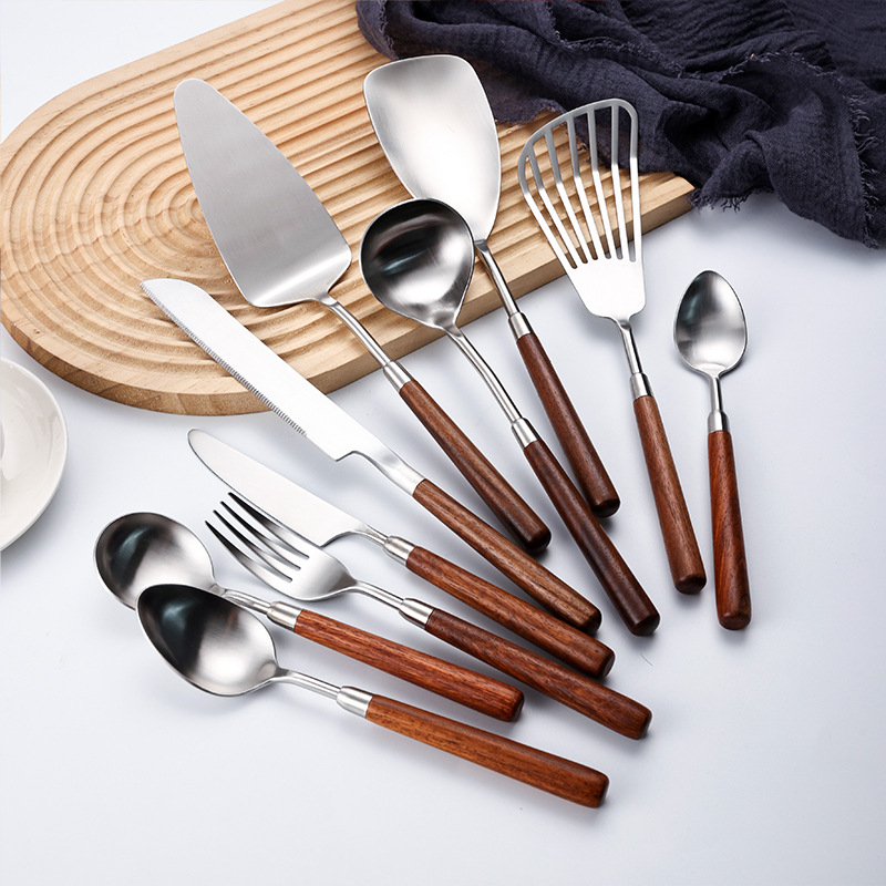 304不锈钢餐具胡桃木烹饪勺铲刀叉蛋糕铲蛋糕刀不锈钢勺子喝汤