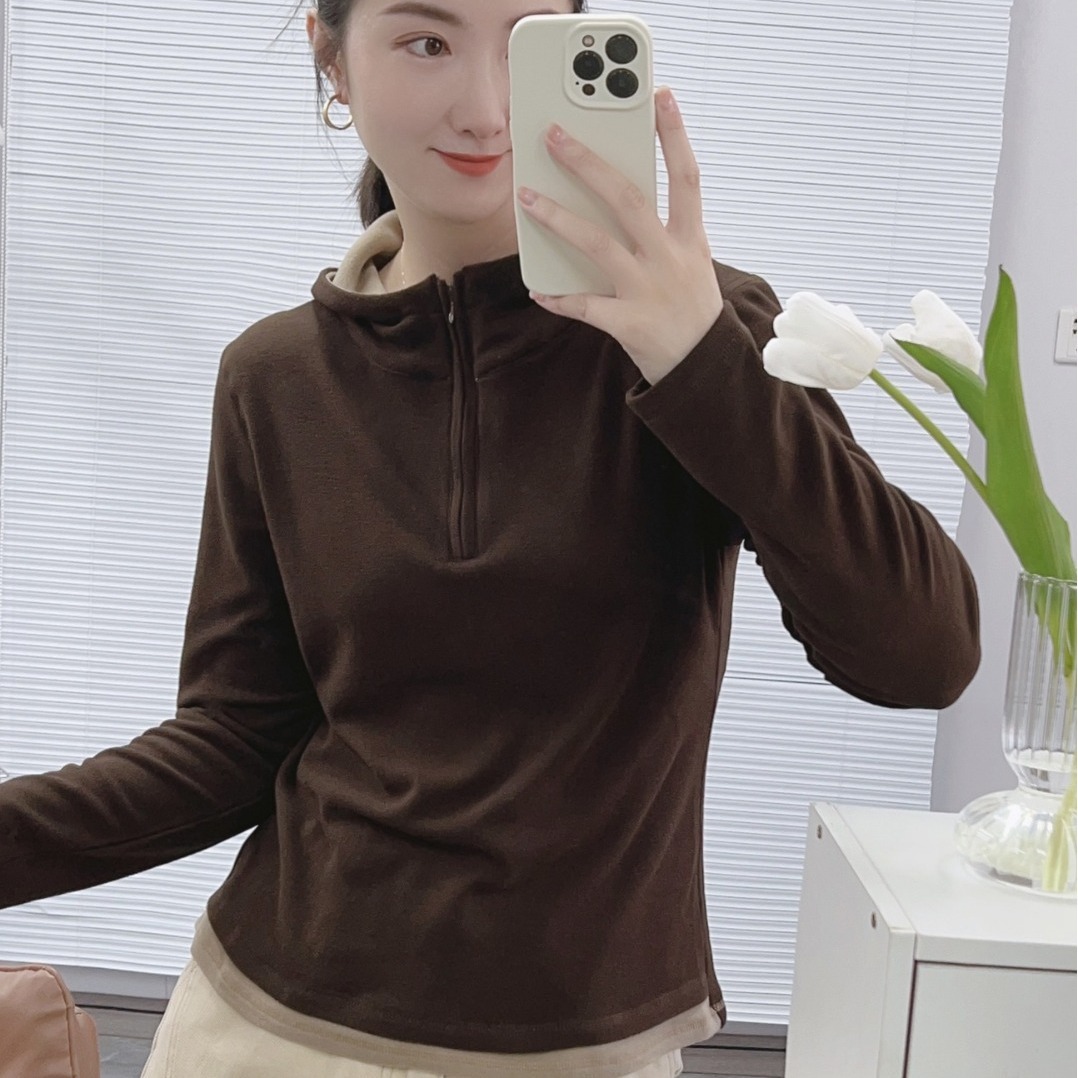 2023 Autumn New Korean-style hooded, semi-zipped pullover long-sleeved sweatshirt for women's wear 3368 details Picture