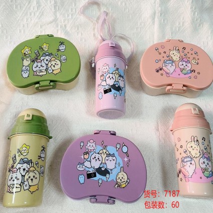 Cartoon printed lunch box water bottle set, portable compartments bento box, water cup with new fork and spoon children's lunch box wholesale Application Scenario