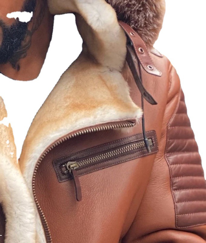 Aliexpress Independent Store wish Cross-border Brown large fur collar hooded, fleece and thickened men's leather jacket 6572 Application Scenario