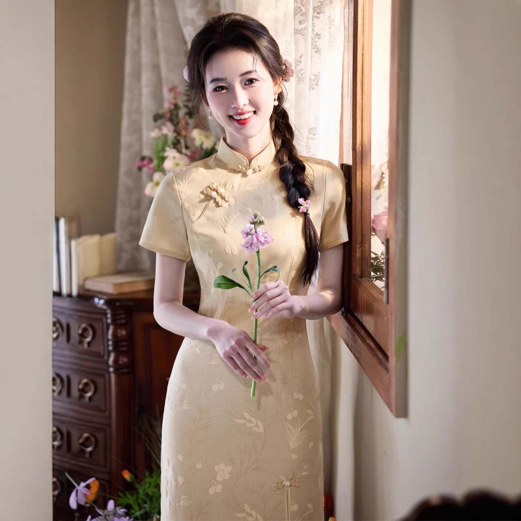竹节麻印花前开叉短款旗袍连衣裙日常年轻改良女气质中国风小个子