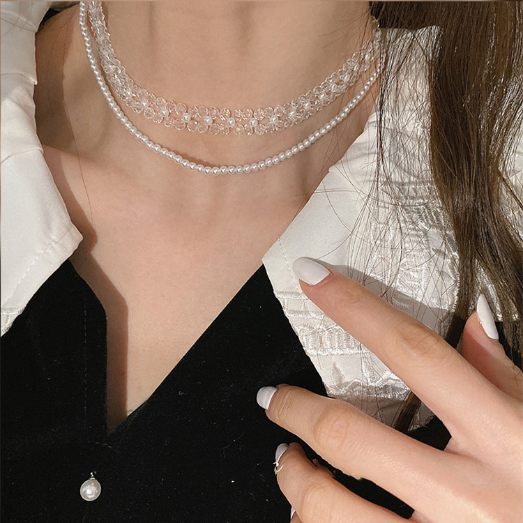 韩国透明水晶双层串珠珍珠项链年新款女小众设计感chocker项圈女
