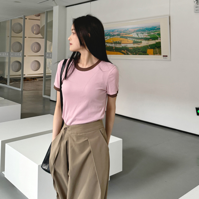 60-count combed cotton women's spring and summer new T-shirt, cool and slimming Tencel women's color-blocking short-sleeved